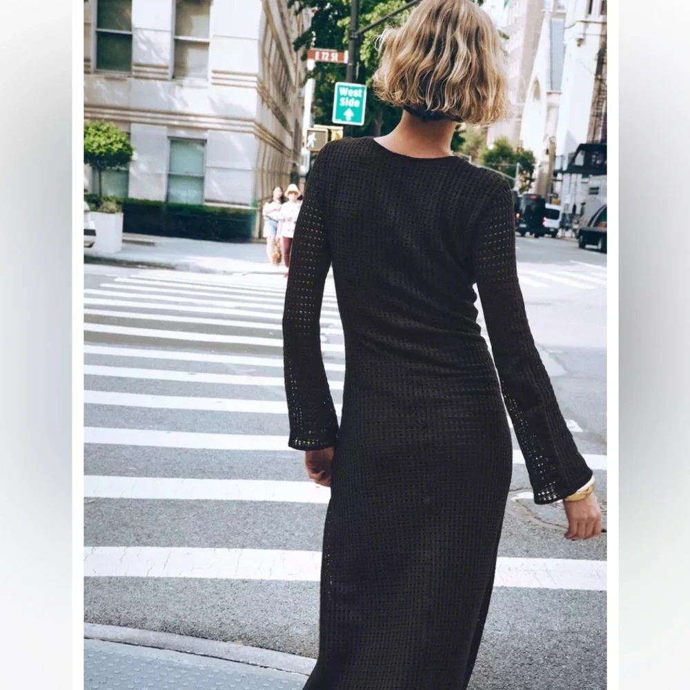 Zara NWT black open weave V-neck midi dress long sleeve gold accents size XS - Picture 10 of 15